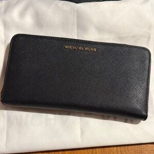 Michael Kors Black Saffiano Zip Wallet with Gold Logo